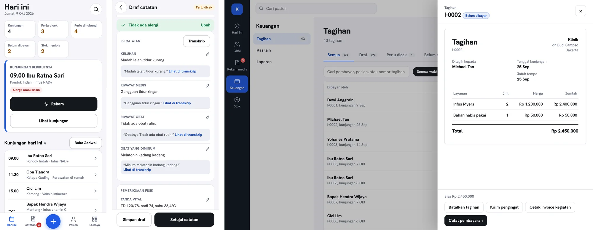 Tiga layar desain baru app klinik: jadwal dokter hari ini di HP, draf rekam medis yang tiap isiannya nunjukin kalimat asalnya, dan tagihan yang dibuka di desktop.